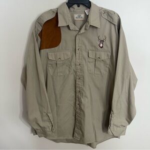 Men's Red Head Button Up Chest Pockets Suede Shoulder‎ Long Sleeve Shirt 2XL Tan